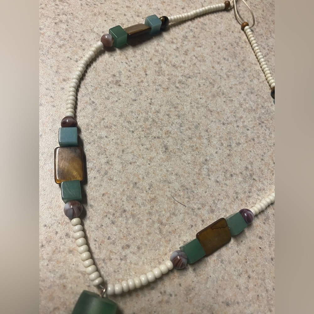 Agate Sea Glass Mother of Pearl Beaded Necklace | Artisan Statement Pendant - Picture 7 of 7